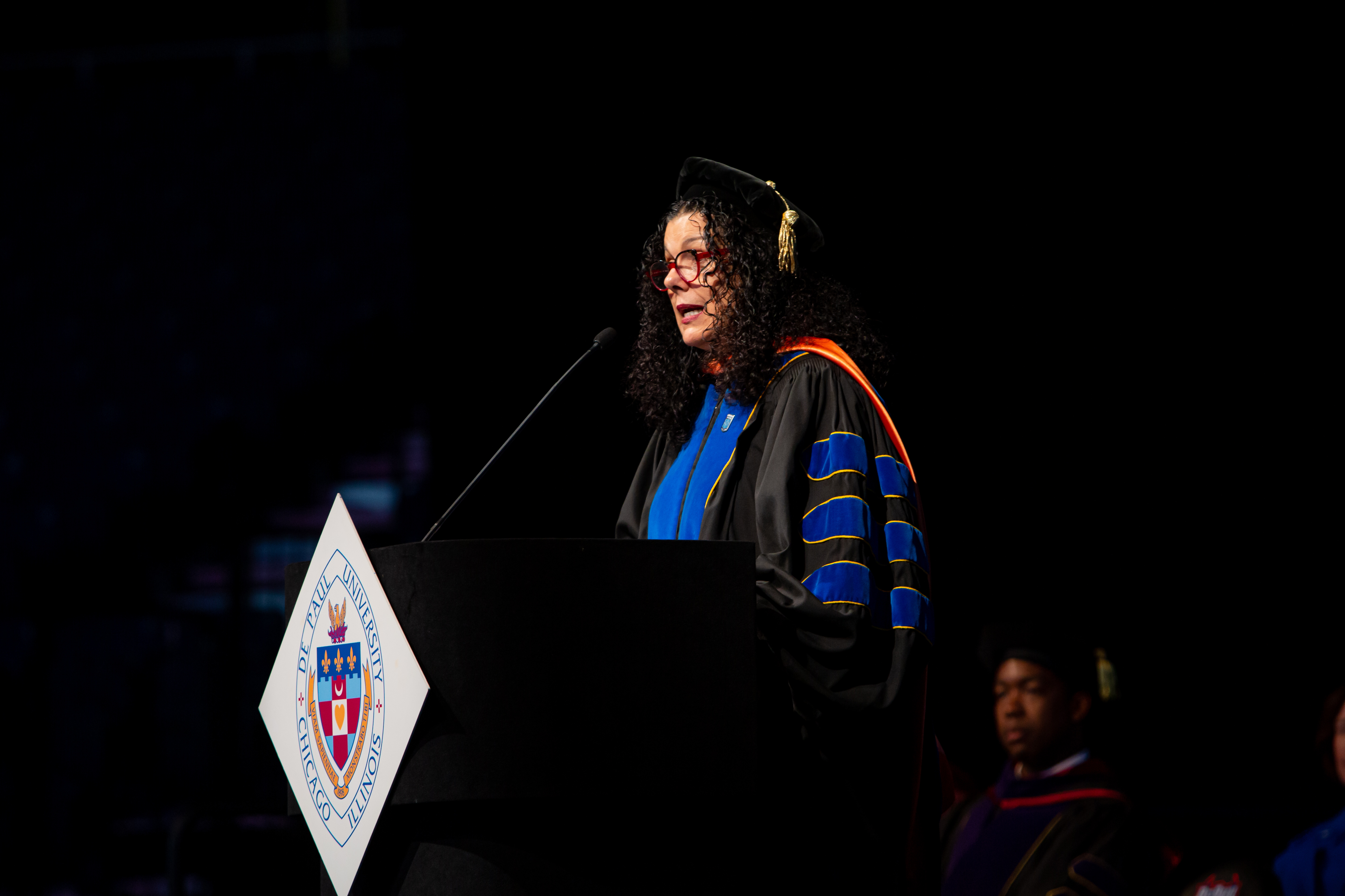 Salma Ghanem, interim provost, introduced each of DePaul’s 10 deans and encouraged students from their respective schools to cheer the loudest for their dean. (DePaul University/Randall Spriggs)